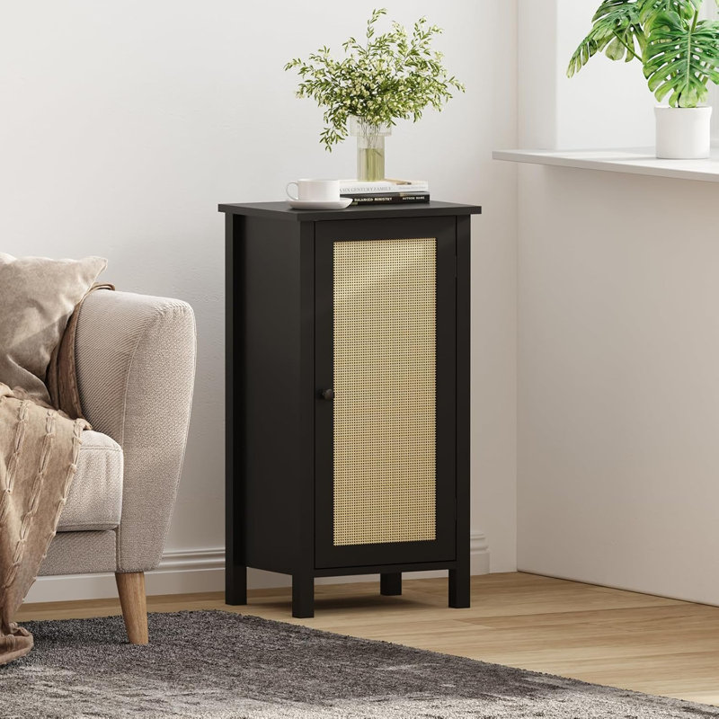 2-Tier Nightstand with Woven Rattan Door, Bamboo Floor Cabinet for Bedroom, Kitchen, Living Room, Hallway – Slim Design Accent Furniture, Freestanding Space Saving Storage Organizer