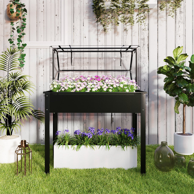 Raised Garden Bed with Greenhouse Cover, Elevated Planter Box with Legs and Drainage Hole for Vegetables Flowers Herbs, 39.4" x 18.9" x 48.8"