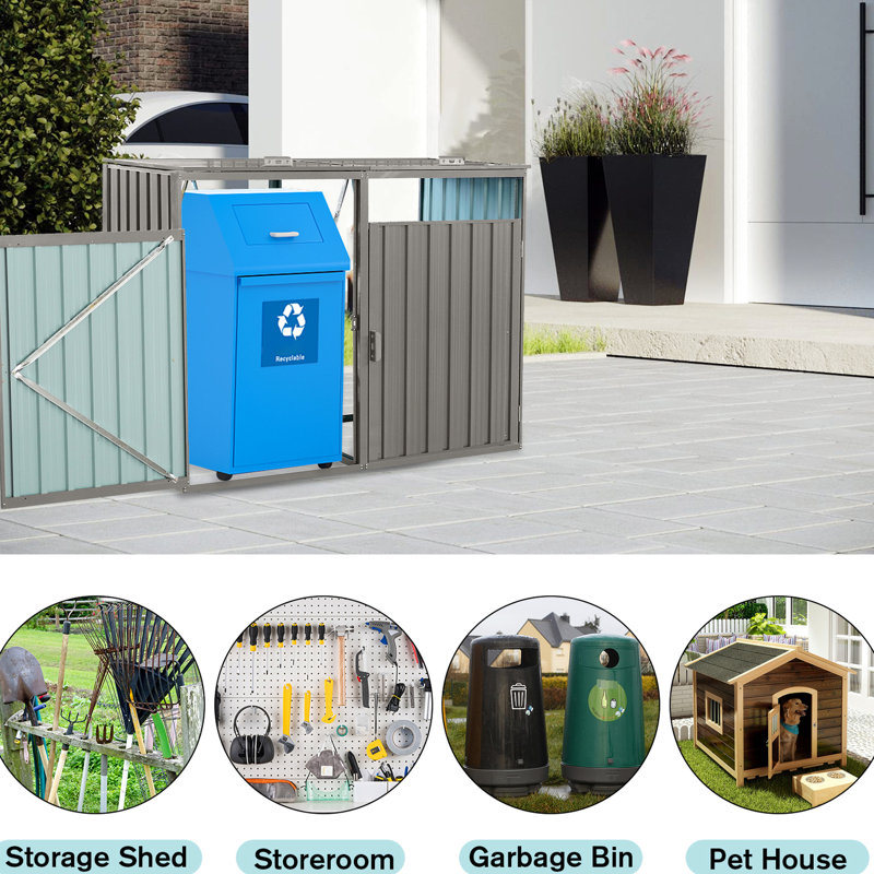 Metal Garbage Bin Shed For Lawn - Grey Accommodates 2 Trash Cans Galvanized Steel, , Rust, Scratch-, Cleanable With Spray Rot-, Ventilated Lifting Springs