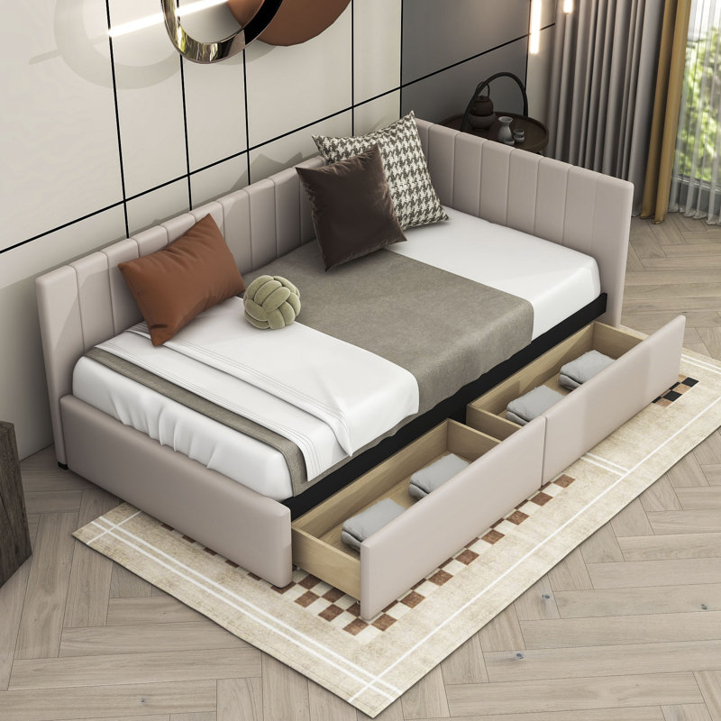 Upholstered Daybed With 2 Storage Drawers, Beige, Twin