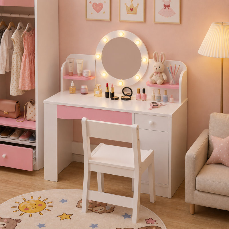 Bureau de coiffeuse pour enfants avec miroir lumineux et tabouret