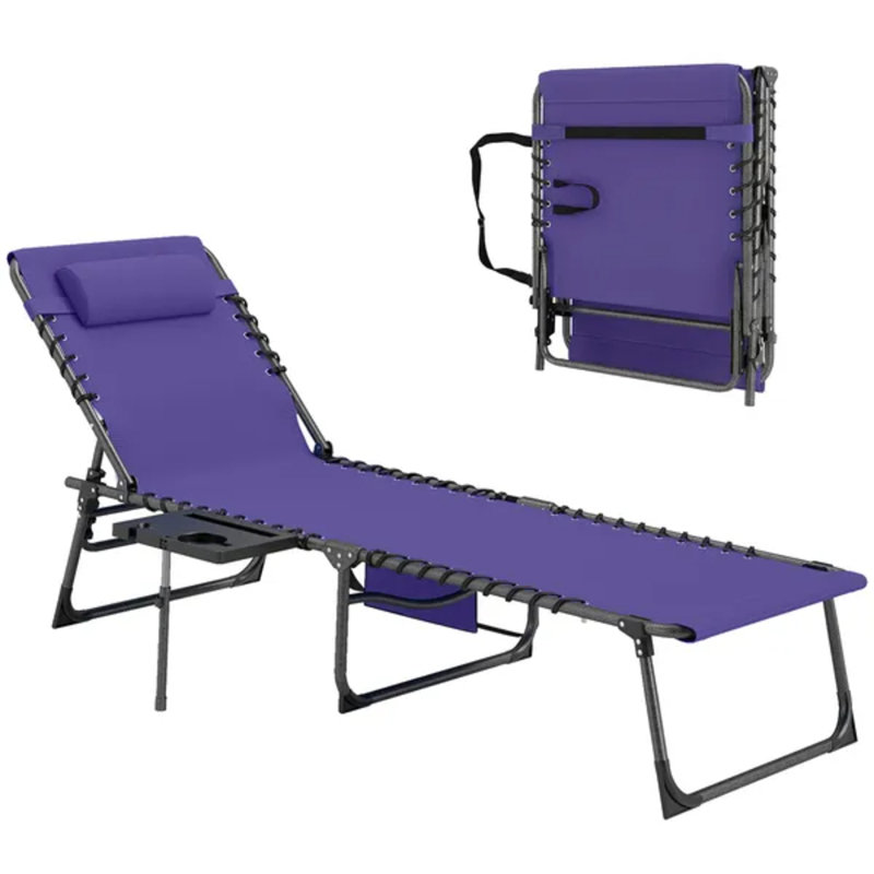 Chaise longue inclinable pliante à 5 niveaux, chaise de bronzage d'extérieur avec table d'appoint, coussin de tête et pochette de rangement