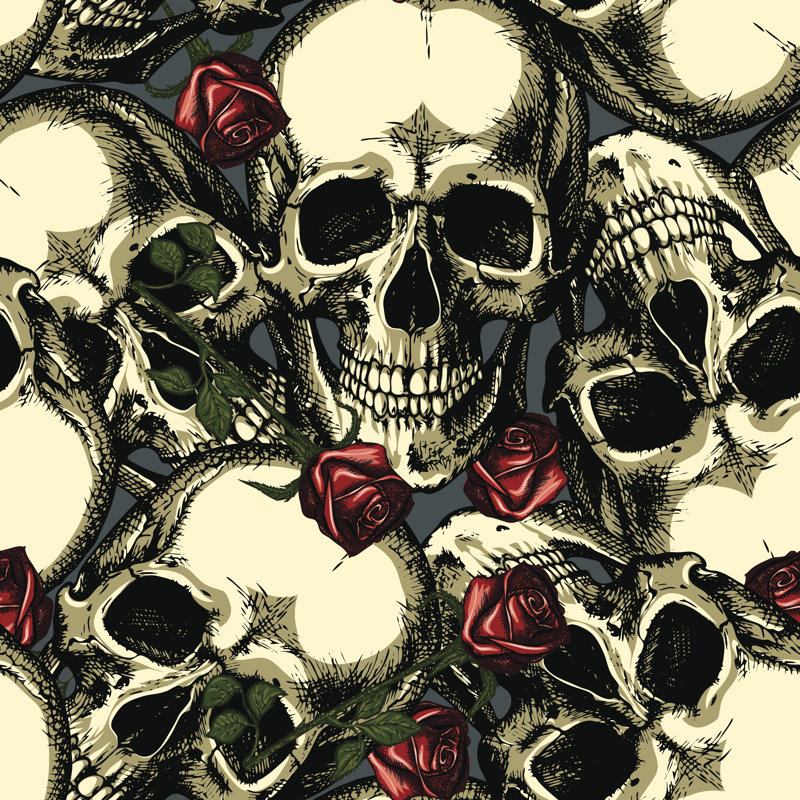 Crânes tonquin avec roses par Andrcat, H 12 po x l 12 po