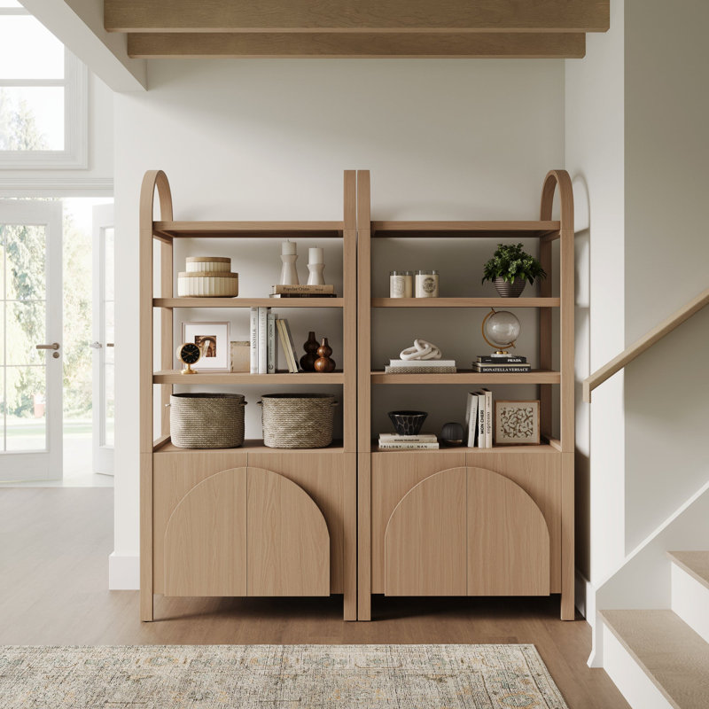Bibliothèque à 3 niveaux avec base d'armoire et structure en bois massif (ensemble de 2 pièces), Chêne brut