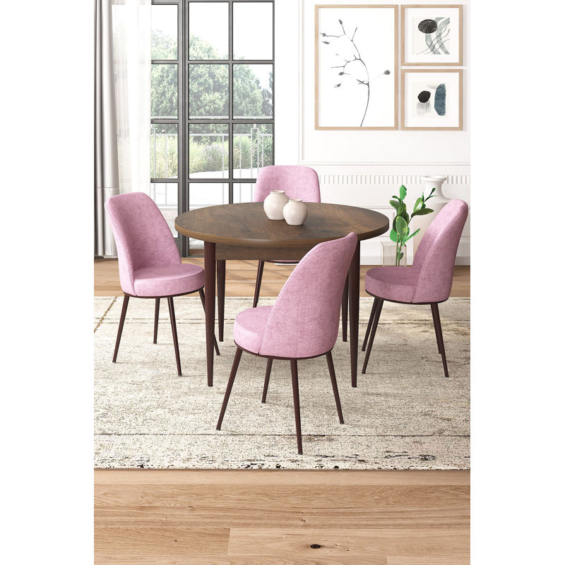 Ensemble de table et chaises de salle à manger moderne 5 pièces, baroque et rose | Table en carton 100% mélaminé, table: 35,4 po x 29,5 po x 35,4 po | Chaises: 17,7 po x 35,8 po x 16,5 po | Pieds en métal, sièges en mousse confortables, parfaits pour les espaces de salle à manger contemporains