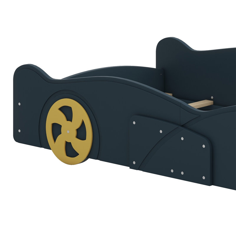 Race Car-Shaped Platform Bed With Wheels And Storage, Twin, Dark Blue/Yellow