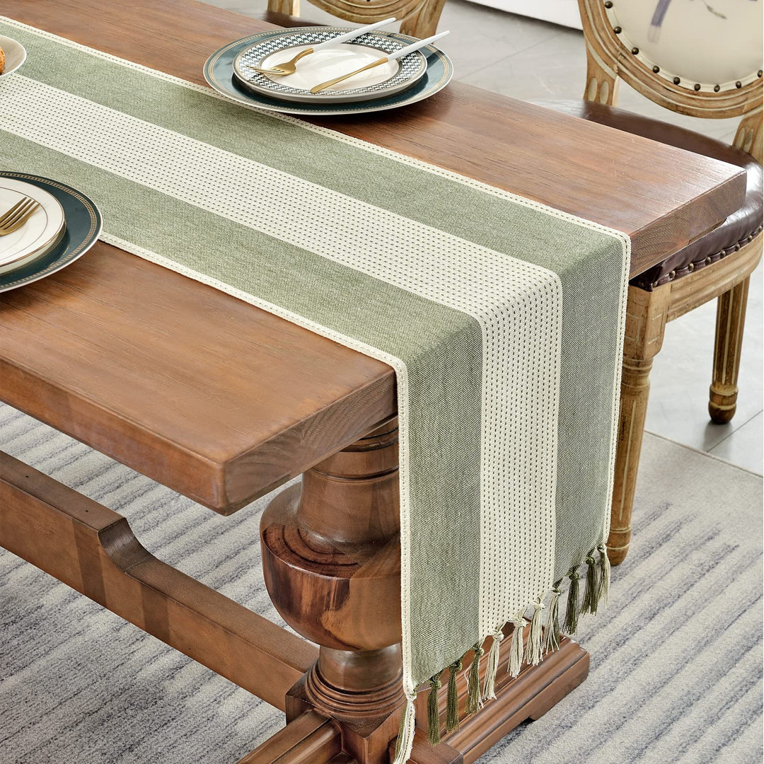 Cotton Linen Table Runner 180cm Long with Tassels, Macrame Table Runner for Holiday Parties and Everyday Use