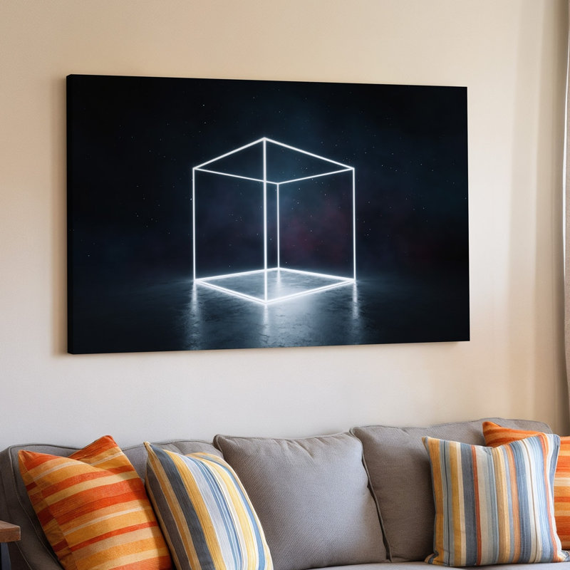 Toile, une scène minimaliste saisissante avec un cube lumineux dans le centre d'art mural représentant une structure sacrée entourée d'une toile