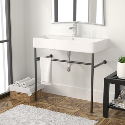 31.5" L x 16.3"W Wallmount Ceramic Sink Rectangular Console Bathroom Sink with Overflow and Bracket Base