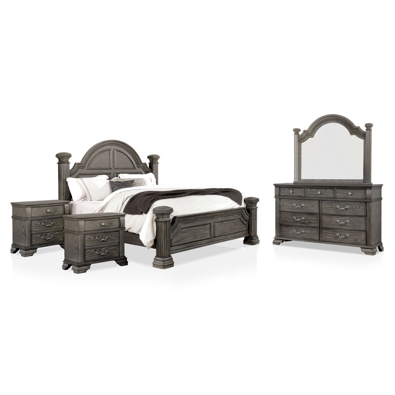 Adames Wood Bedroom Set with Bell-Shaped Headboard, Gray, King, 5 Pcs: Bed, 2 Nightstands, Dresser, Mirror