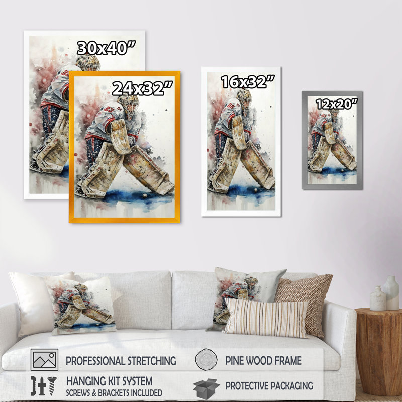 Hockey sur gazon sur glace pendant le jeu I - Cadre photo unique, impression sur toile, Or