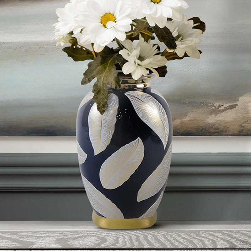 Samak Handmade Ceramic Vase for Living Room Decoration, Blue with White & Gold Leaves Modern Home Decor