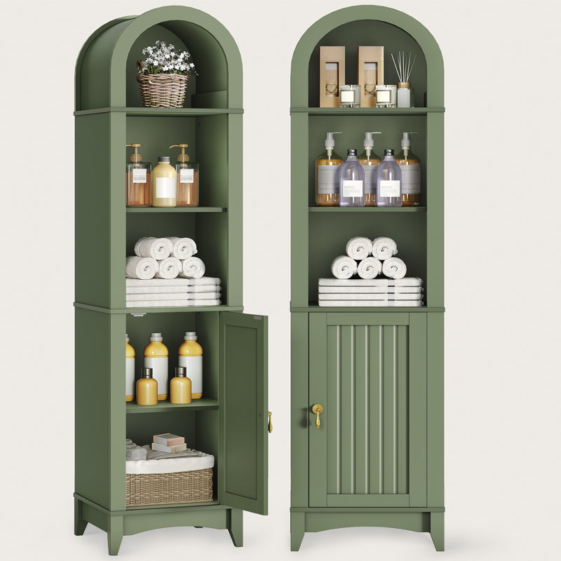 69.5" Tall Arched Bathroom Storage Cabinet with Fluted Doors and 5 Shelves, Space Saving Storage Unit, Green