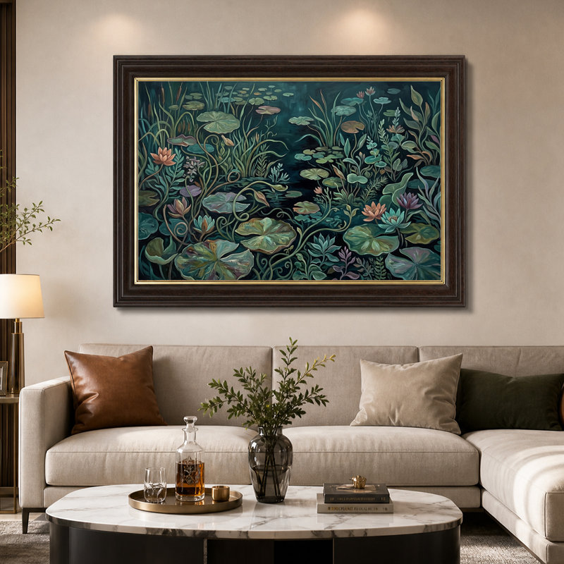 Art sur toile vert, nénuphars verts et nénuphars roses, 24"H x36"W