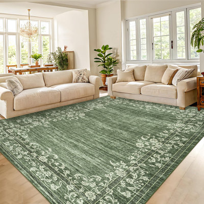 Machine Washable Non-Slip Rugs for Living Room Border Floral Vintage Distress Print Carpet Indoor Non-Shedding Rugs for Living Room Dining Room