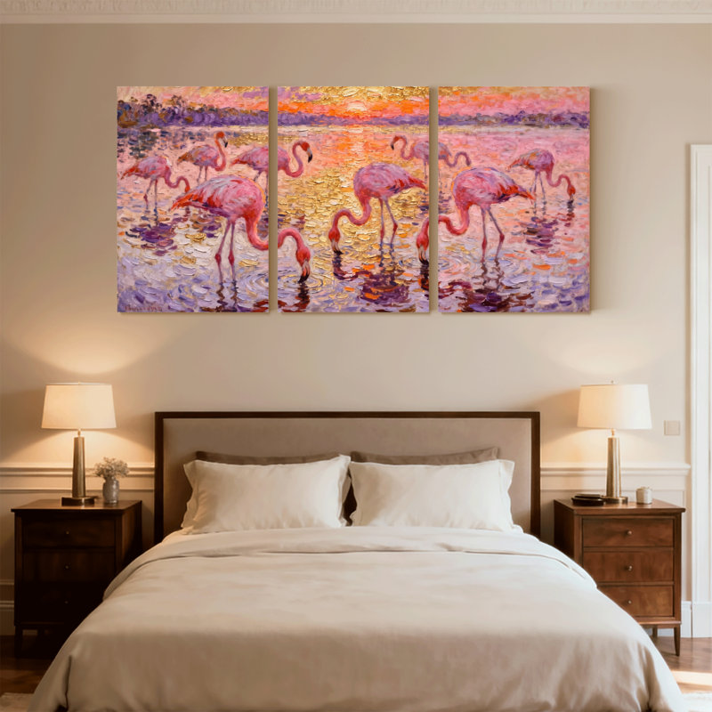 Oiseaux flamants roses au coucher du soleil, ensemble de 3 impressions sur toile, H 30 po x l 60 po
