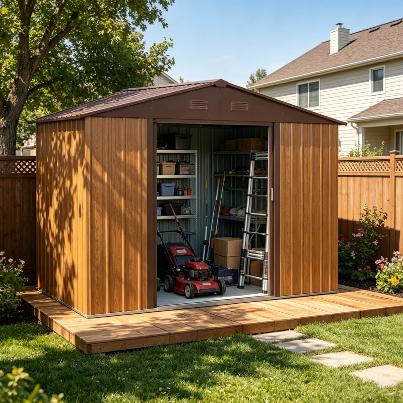 Abri de jardin en métal de 2,44 m x 1,83 m avec structure de fondation en acier galvanisé, abri utilitaire résistant aux intempéries avec portes coulissantes verrouillables et aérations intégrées.