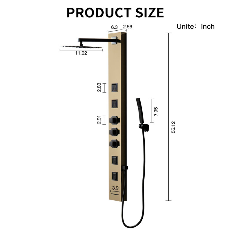 4-way Diverter Shower Tower Panel System with Fixed Shower Head, Black Gold