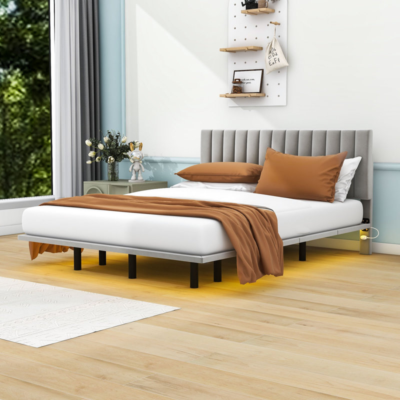 Jareli Queen Upholstered Floating Platform Bed with Light and Headboard, Grey