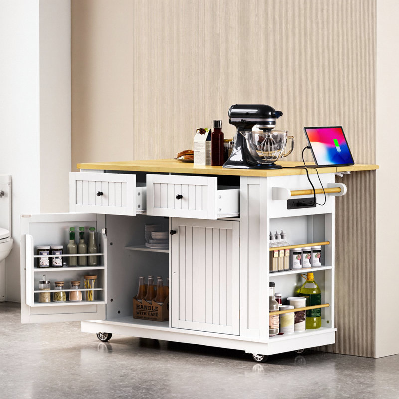 Rustic Farmhouse Kitchen Island with Power Outlet, Drop Leaf & 2 Stools, Ample Storage & Mobility, White