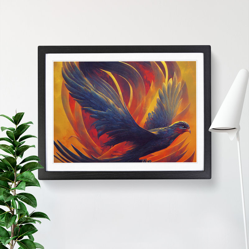 Luminous Phoenix Bird - Single Picture Frame Print, 46cm H x 64cm W x 2cm D, Black