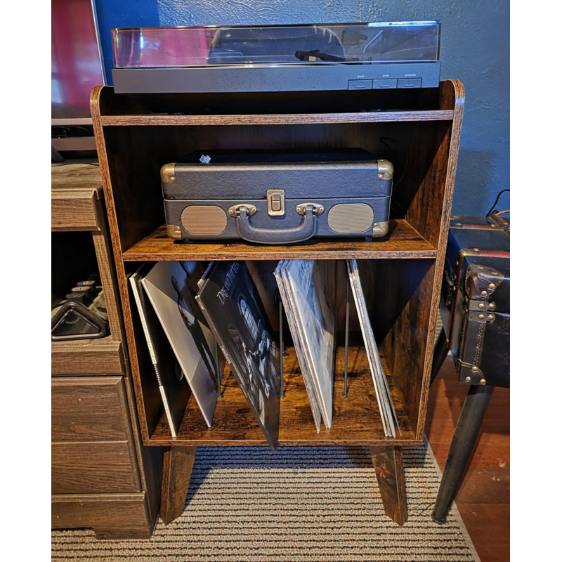 Mid-Century Record Player Stand with Charging Station, 3-Tier Turntable End Table for Vinyl Storage