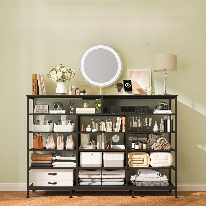11 Drawer Fabric Dresser TV Stand with LED Lights & Power Outlet, 55" Wide Chest of Drawers with Wooden Top for Bedroom & Living Room