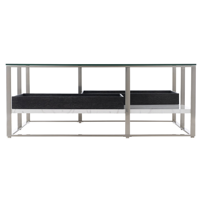 Square Black and Silver Marble Glass Coffee Table with Storage