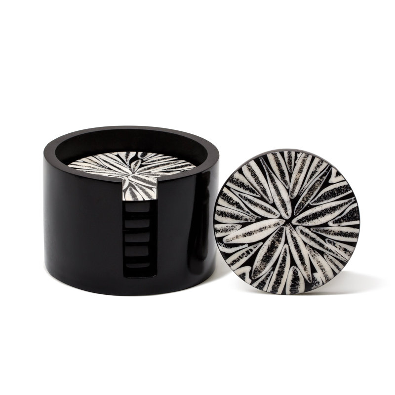 Coaster Set With Holder, Black/White
