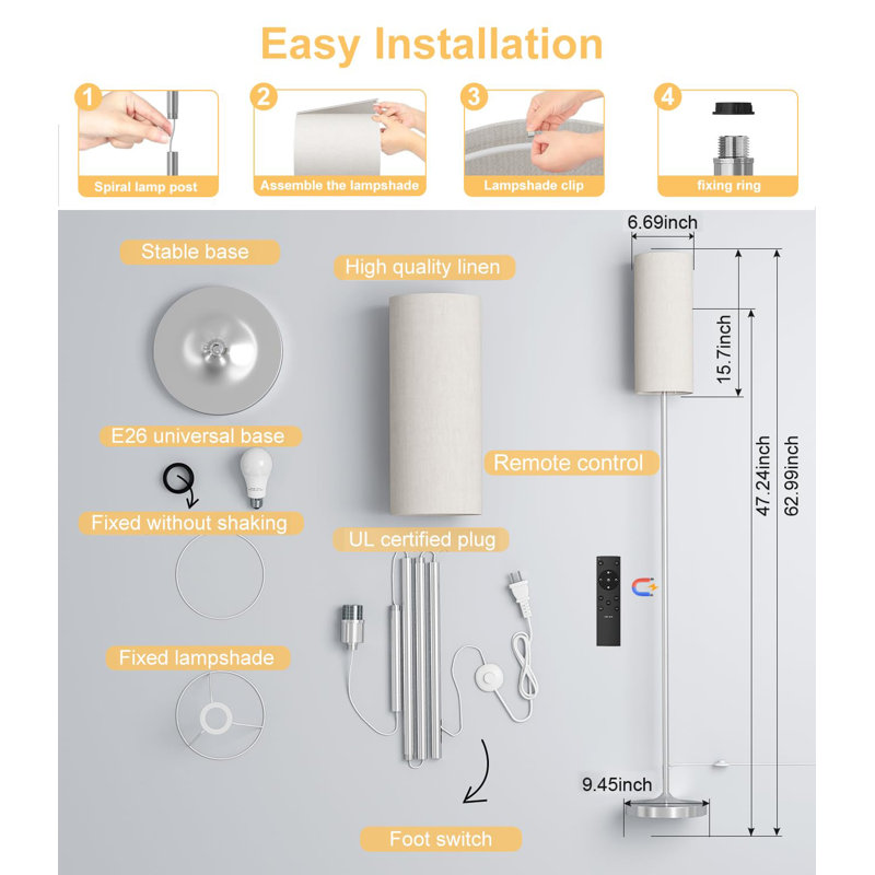 Led Floor Lamp For Living Room, Dimmable Standing Lamps With Foot Switch,remote Custom Color Temperature Pole Lamp With Lampshade