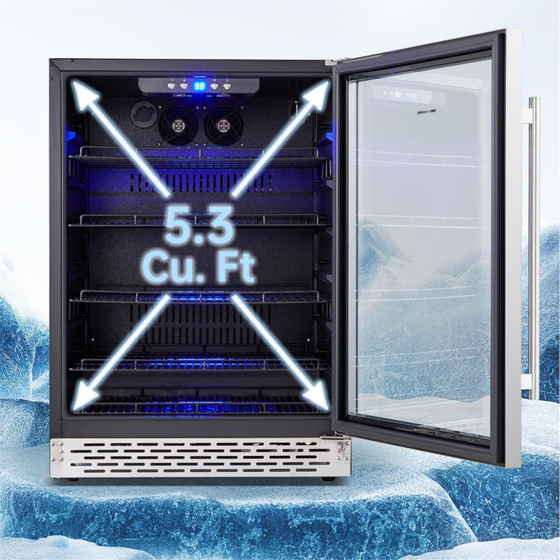 24 Inch Beverage Refrigerator, 170 Can Capacity Freestanding Drink Cooler With Tempered Glass Door, 5 Adjustable Shelves, Internal Led Lighting, Quiet Operation For Home Kitchen Office Bar