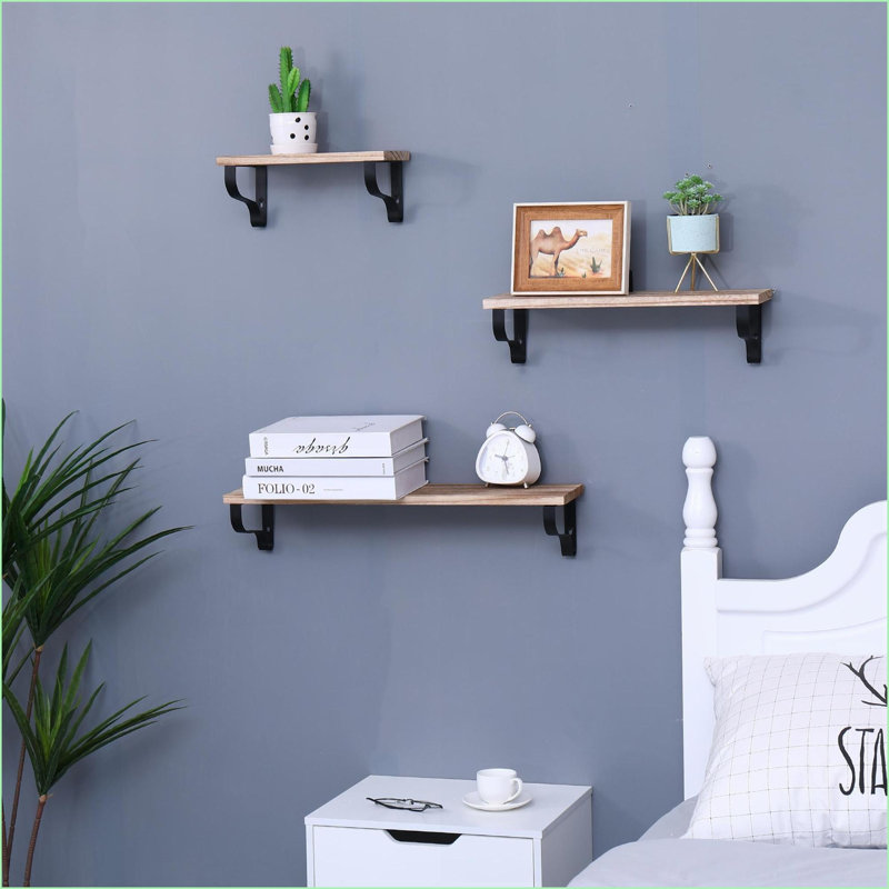 Floating Shelves Set of 3, Rustic Natural Wood Wall Mounted Shelves | Natural Wood | Metal &amp; Wood