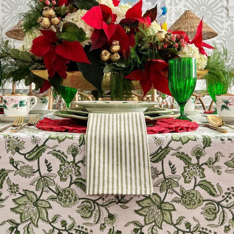 Green Striped Napkins - Block printed, White/Green