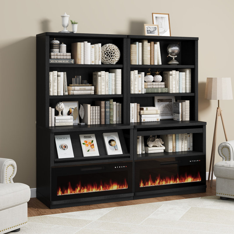 Brusnice 71" H x 37" W Standard Bookcase with Electric Fireplace and 5-Tiers Shelf, Black