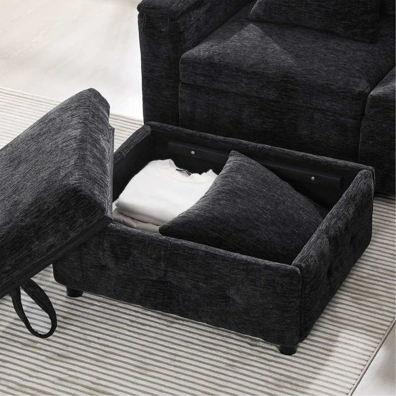 117*90'' Modular Sectional Pull-Out Sofa Bed With Flip-Up Table Panel, Black Chenille
