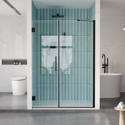 Porte de douche sans cadre à charnières, 130-132 cm (L) x 183 cm (H), avec paroi de douche fixe en verre trempé transparent SGCC de 9,5 mm, noir mat.