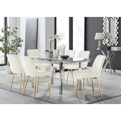Ensemble de table de salle à manger extensible en verre et en métal Tierra et 6 chaises de salle à manger rembourrées en velours