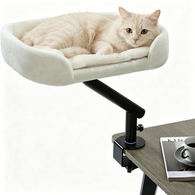 Lit de chat pivotant à fixer sur un bureau avec pince robuste, perchoir suspendu surélevé, nid douillet en peluche pour table, supporte jusqu'à 22,7 kg