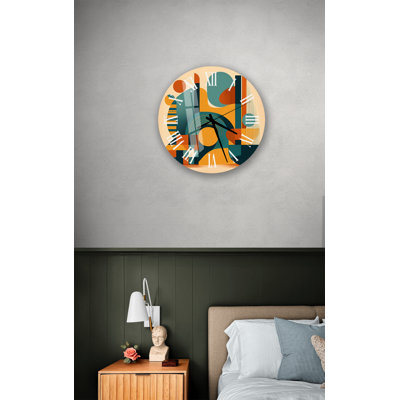 Horloge murale moderne à motif géométrique abstrait en verre trempé bleu sarcelle et orange