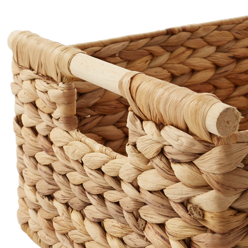 Set of 3 Natural Water Hyacinth Rectangular Storage Baskets with Wooden Handles