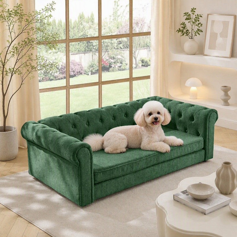 Sofa rectangulaire pour chien avec accoudoirs et dossier, Vert olive