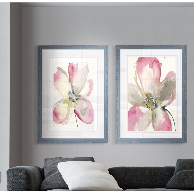 Magenta pétales I, ensemble de 2 reproductions d’art encadrées, H 24 po x l 18 po x P 1,25 po, Cadre ébène, Blanc