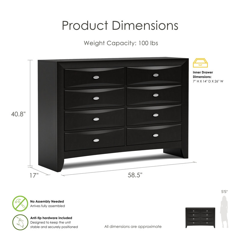 Urbanek 8-Drawer Dresser With Mirror, Black