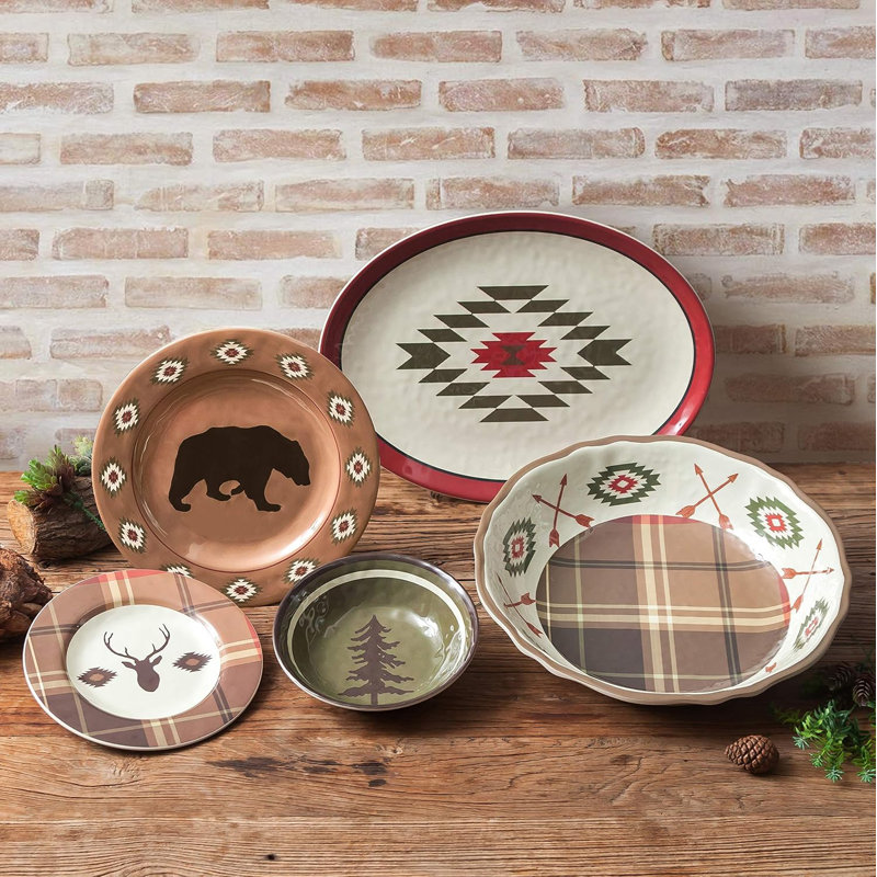 Aztec Bear Print Lodge Western Style Melamine Plastic 4 Piece Salad Plate Set
