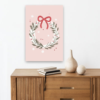 Pink Holiday Wreath Contemporary Nature Winter Wall Art Print by Mathieu - Wrapped Canvas Print