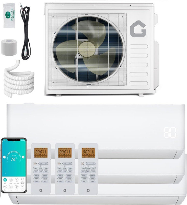 Système de chauffage à 3 zones 35 000 BTU avec système de chauffage à deux blocs AC et Wi-Fi activé 19 SEER2 208-230 V sans conduit 9 000 + 9 000 + 18 000 BTU Condensateur
