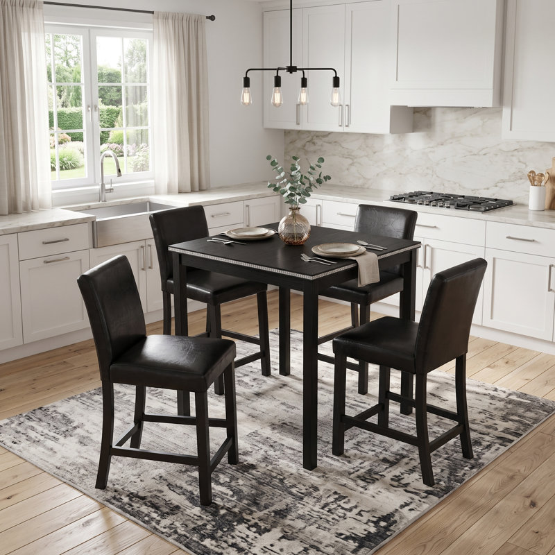 Ensemble de salle à manger 5 pièces à hauteur de comptoir, table carrée en bois avec accents de cristal et 4 tabourets en cuir de polyuréthane rembourrés, ensemble de mobilier de salle à manger noir pour la cuisine et la salle à manger