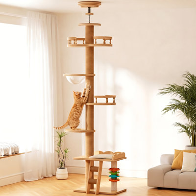 Arbre à chat vertical du sol au plafond, hauteur réglable, poteau à griffer en sisal, perchoir à fenêtre, échelle et boules de jeu rotatives, économise de l'espace, enrichit le jeu intérieur pour les chats