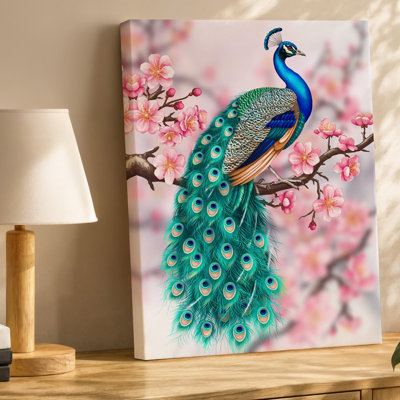 Canvas A Stunningly Intricate Peacock Stands Gracefully Atop A Delicate Branch Wall Art Adorned With Blooming Cherry Blossoms Canvas Wall Art