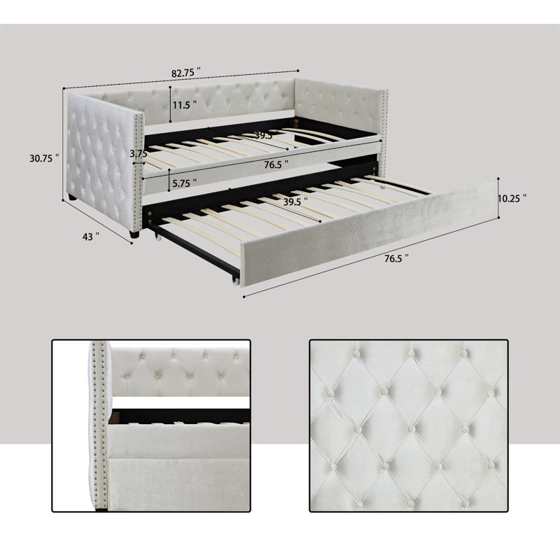 Lit de jour rembourré Leandra, Simple, Beige, Lit gigogne inclus